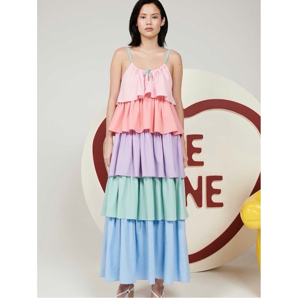 OLIVIA RUBIN Tiered Rainbow Midi Dress Womens US 6 Pink Blue Cotton Sundress